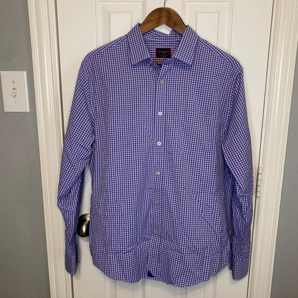 UNTUCKit Button Down Shirt Mens Large Purple Gingham Performance Long Sleeve‎